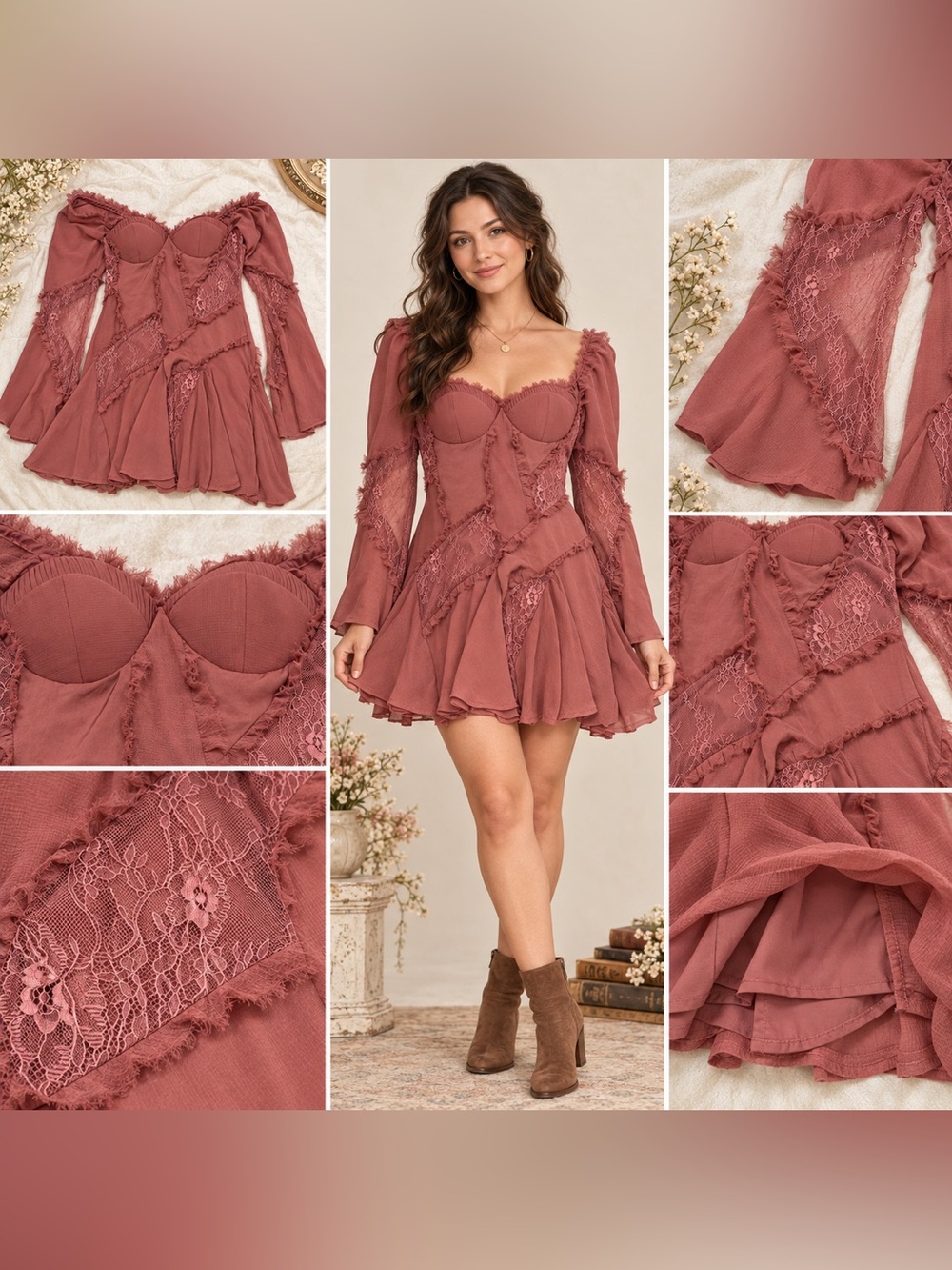 ASOS Design Dusty Pink Patchwork Lace Corset Mini Dress Size 6